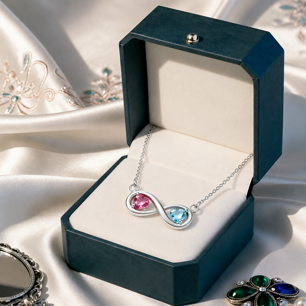 Mother&Daughter Connected By Heart Double Birthstones Infinity Necklace