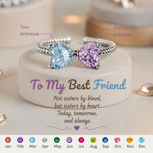 For Friend-Not Sisters By Blood But Sisters By Heart Custom Birthstones Bow Ring