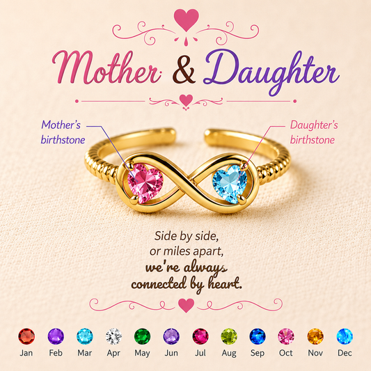 Mother&Daughter Connected By Heart Double Birthstones Infinity Ring