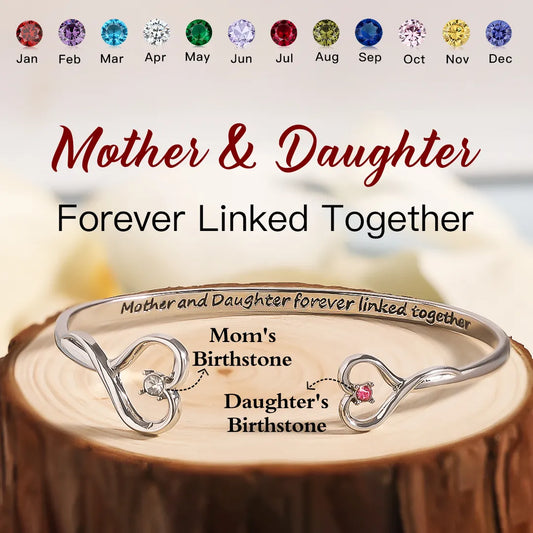 MOTHER AND DAUGHTER FOREVER LINK DOUBLE HEART CUSTOM BIRTHSTONE BRACELET