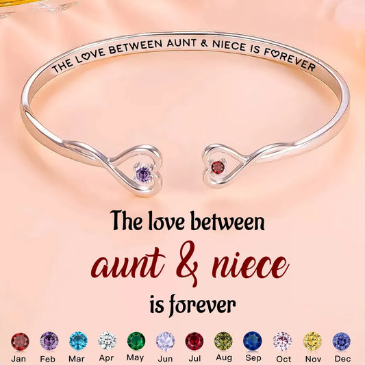 THE LOVE BETWEEN AUNT & NIECE IS FOREVER DOUBLE HEARTS CUSTOM BIRTHSTONES BRACELET
