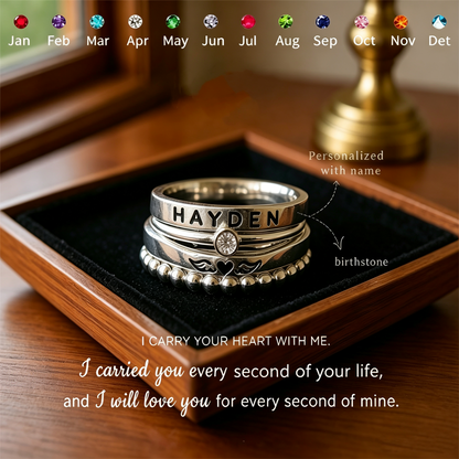 FOR MEMORIAL- ANGEL WINGS CUSTOM BIRTHSTONE&NAME STACKED RING