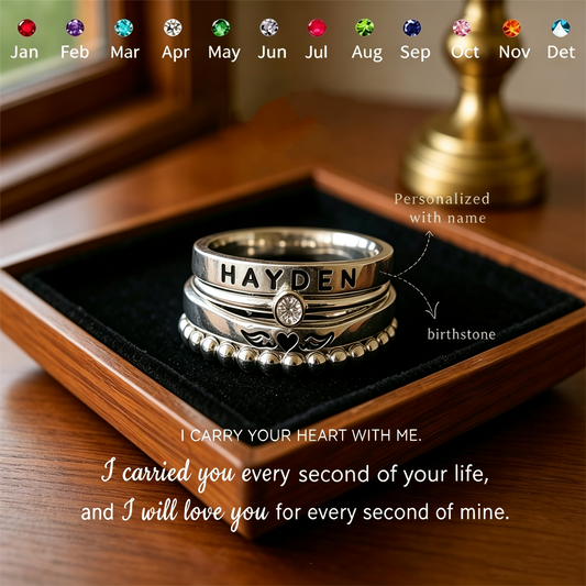 FOR MEMORIAL- ANGEL WINGS CUSTOM BIRTHSTONE&NAME STACKED RING