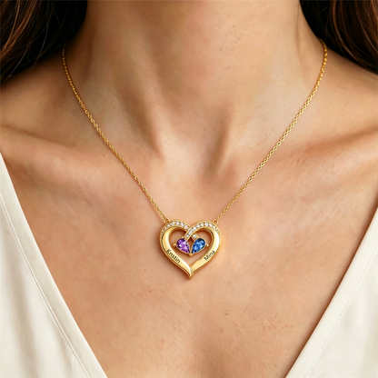 Grandmother And Granddaughter Custom Double Birthstones&Name Heart Necklace