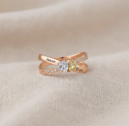 For Love - Custom Promise Two Heart Birthstone Ring