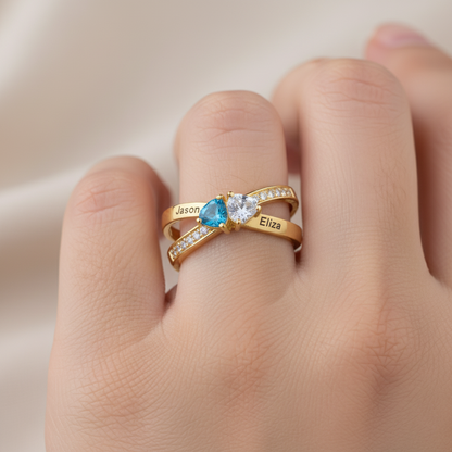 For Love - Custom Promise Two Heart Birthstone Ring