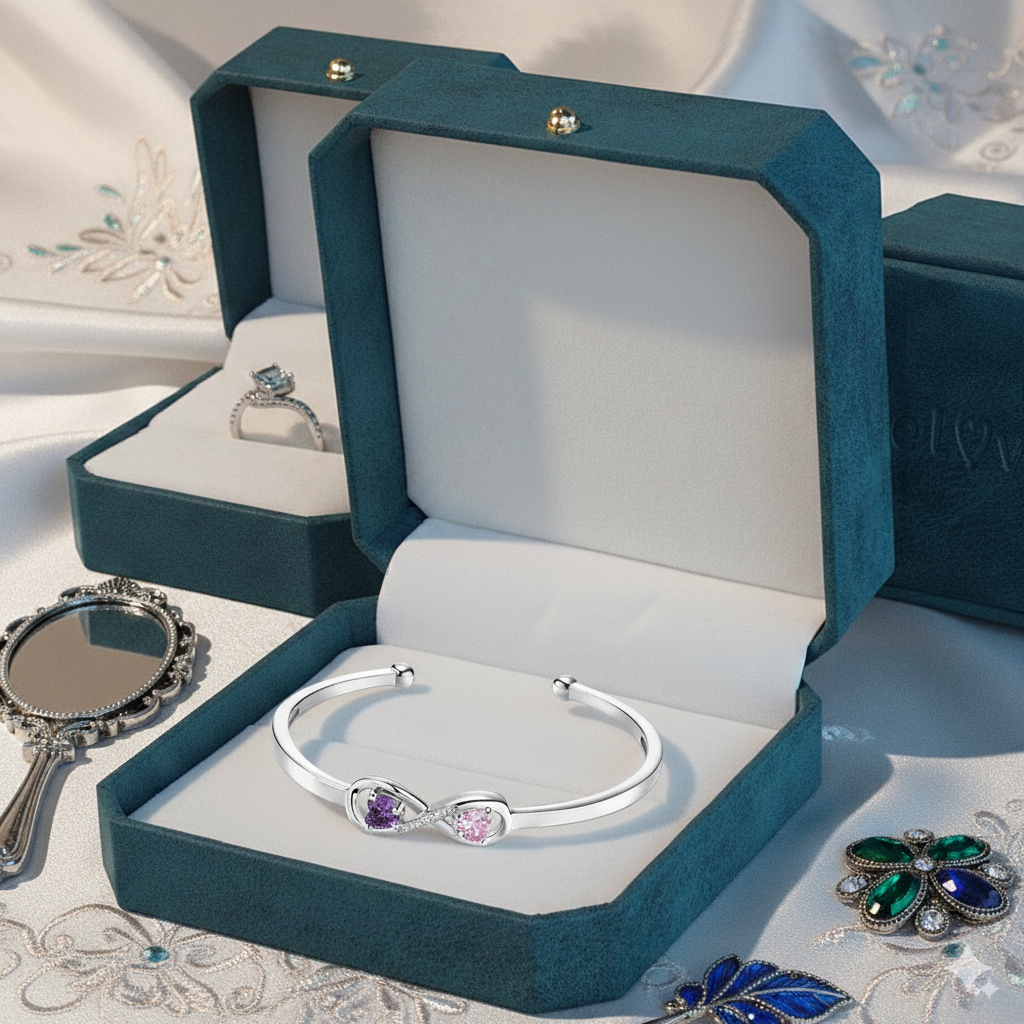 Personalized Infinity Double Heart Birthstones Cuff Bracelet with Engraved Name