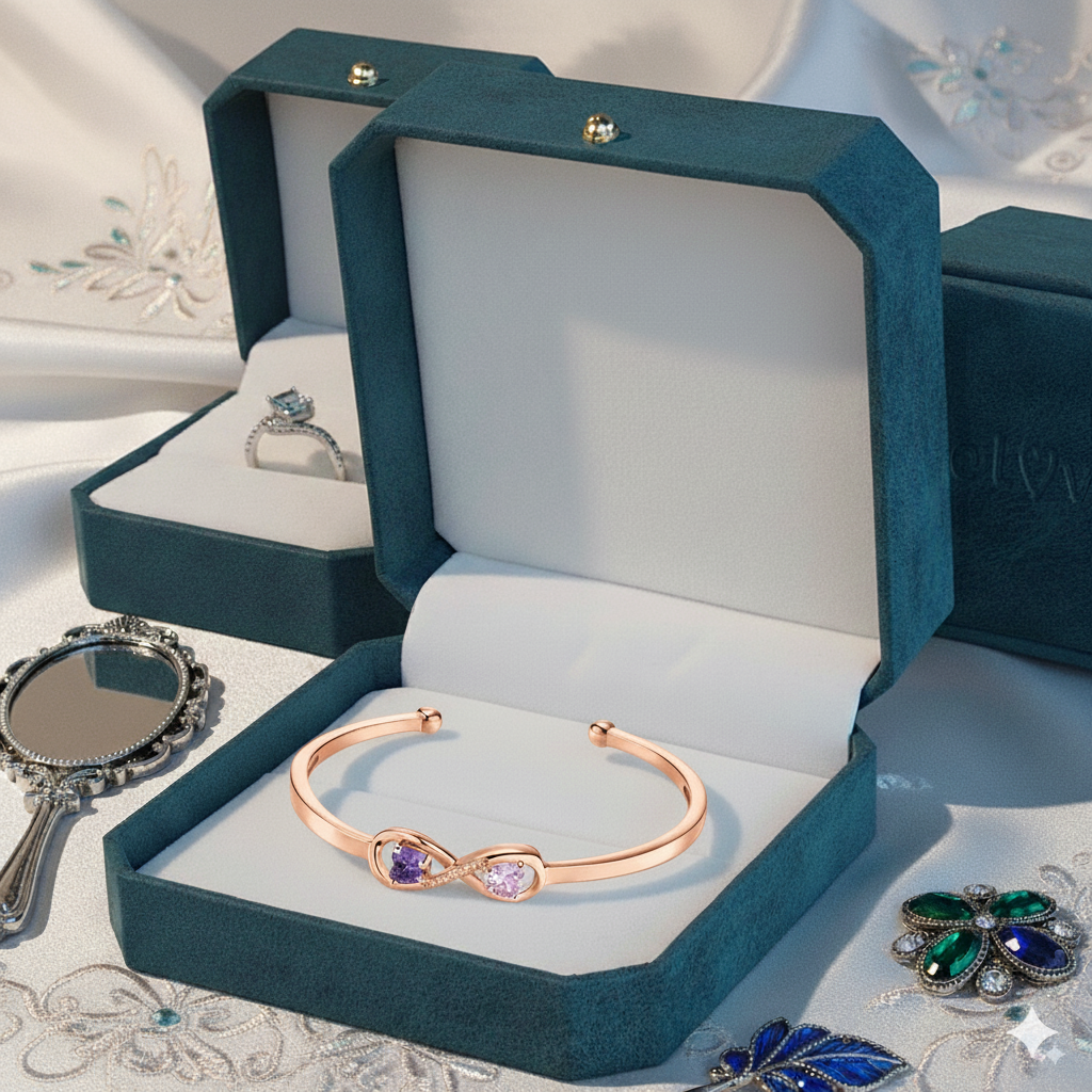 Personalized Infinity Double Heart Birthstones Cuff Bracelet with Engraved Name