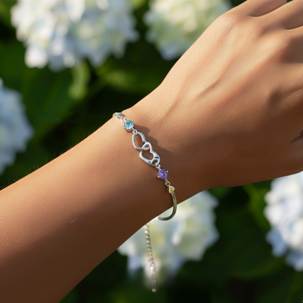 Mother And Daughter Birthstone Custom Double Heart Bracelet