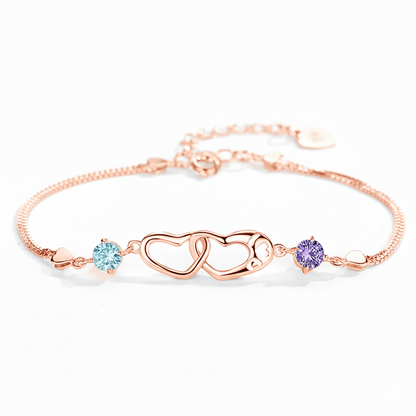 Mother And Daughter Birthstone Custom Double Heart Bracelet