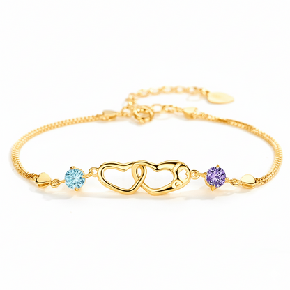 Mother And Daughter Birthstone Custom Double Heart Bracelet