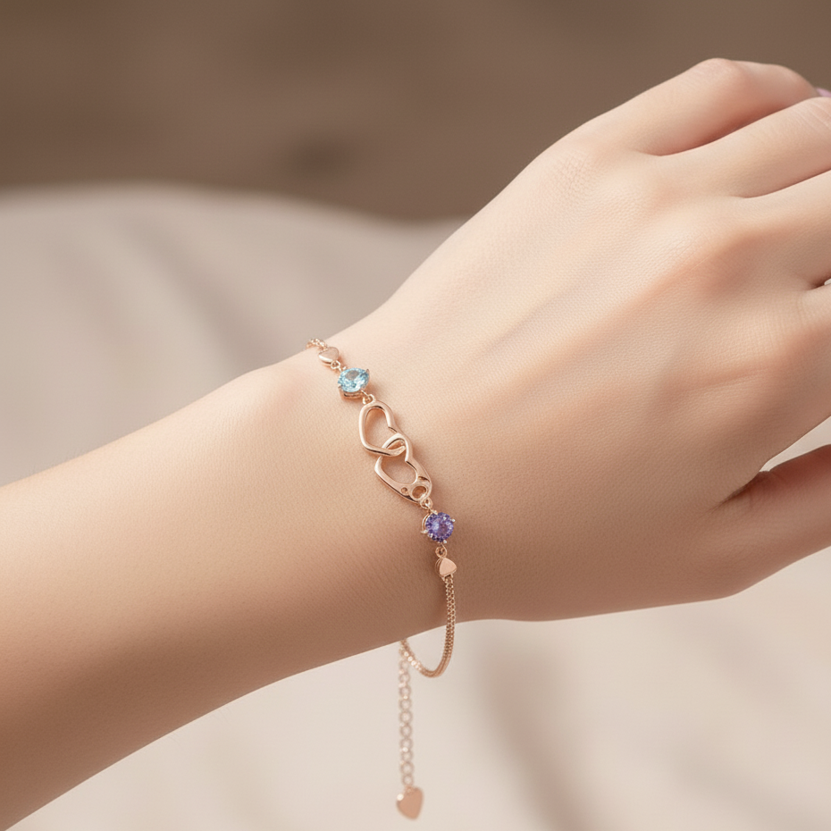 Mother And Daughter Birthstone Custom Double Heart Bracelet