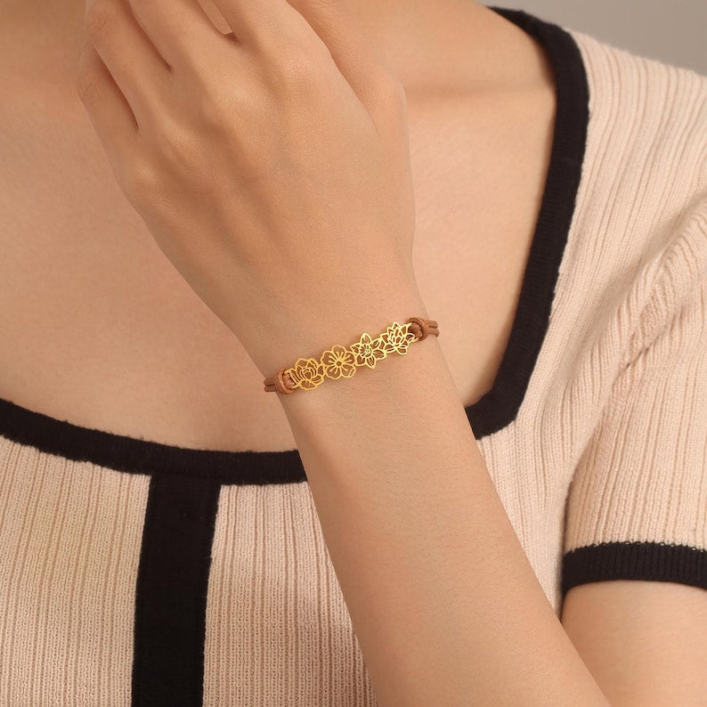 Multiple Birth Flowers Leather Bracelet