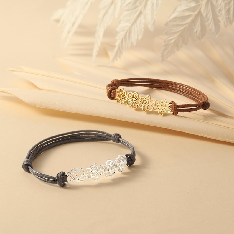 Custom 1-8 Birth Flowers Leather Bracelet