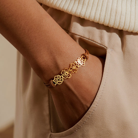 Custom 1-8 Birth Flowers Leather Bracelet