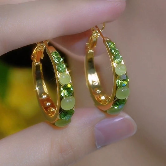14K Gold-Plated Elegant Diamond Cat's Eye Stone Hoop Earrings