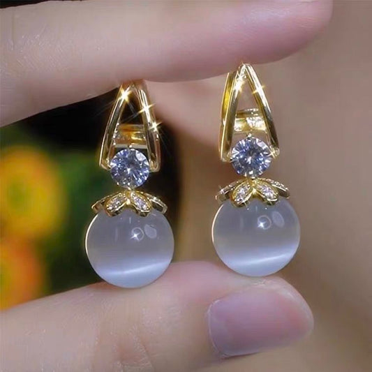 14K Gold-Plated French Diamond Cat's Eye Stone Earrings