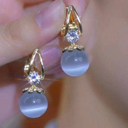14K Gold-Plated French Diamond Cat's Eye Stone Earrings