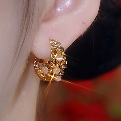 14K Gold-Plated Cat's Eye Stone Full Diamond Hoop Earrings