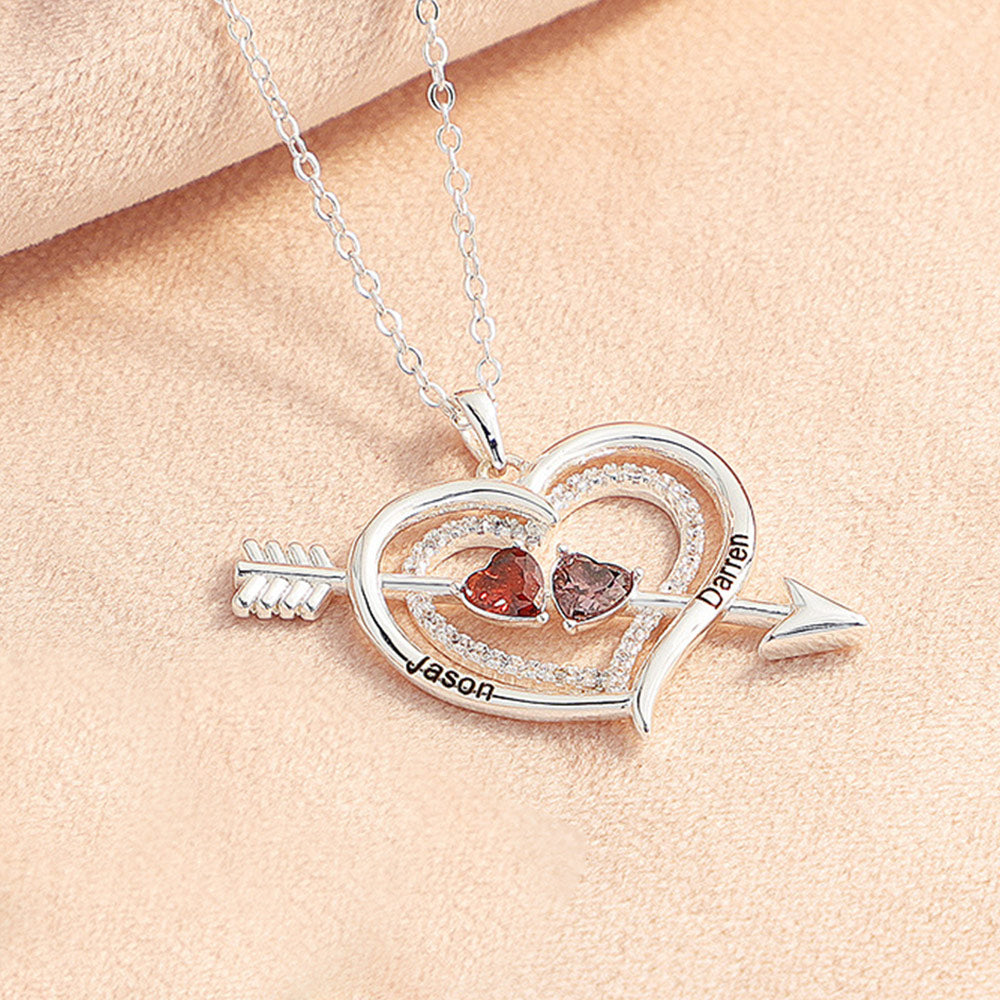 For Love - Custom Name & Birthstones Cupid Arrow Heart Necklace