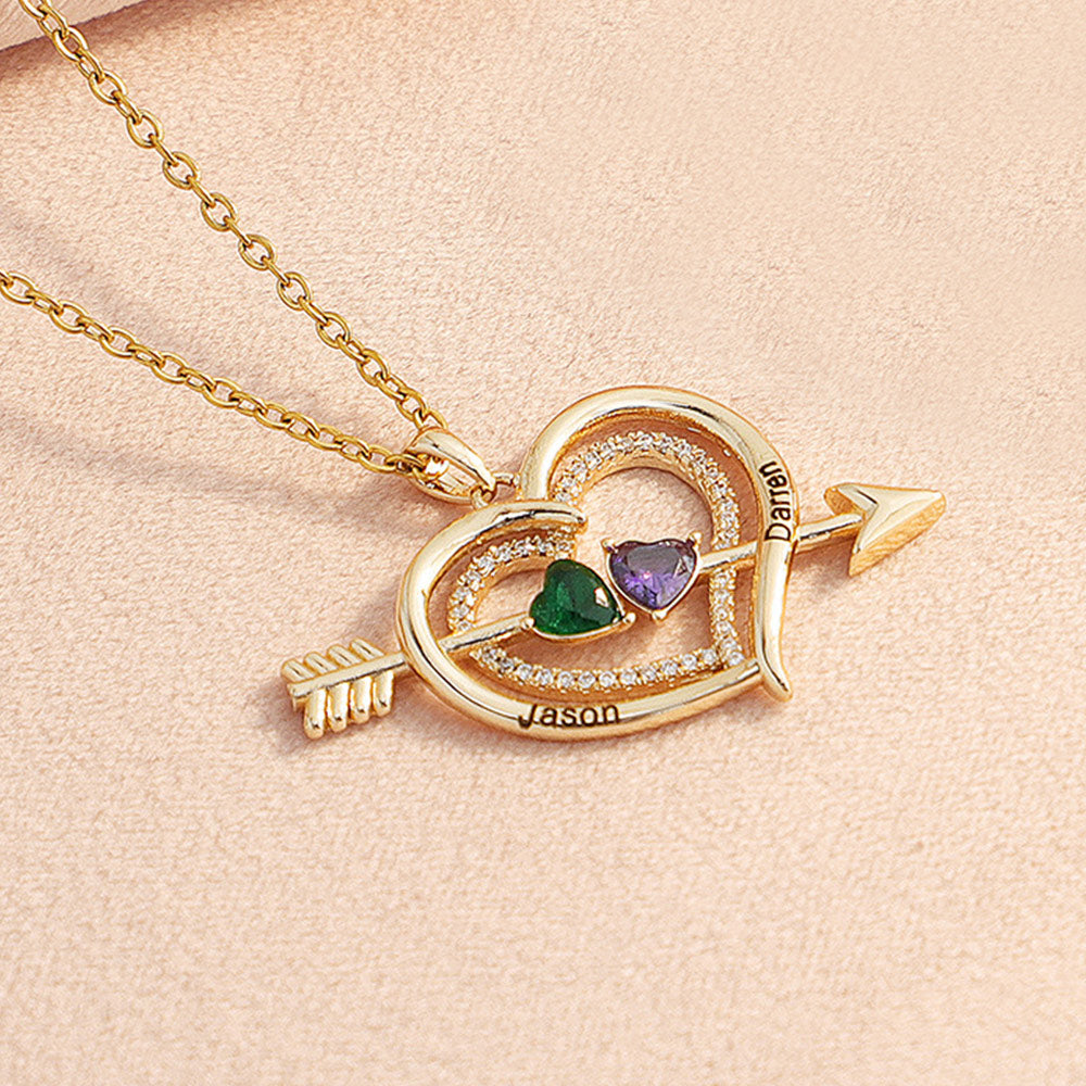 For Love - Custom Name & Birthstones Cupid Arrow Heart Necklace