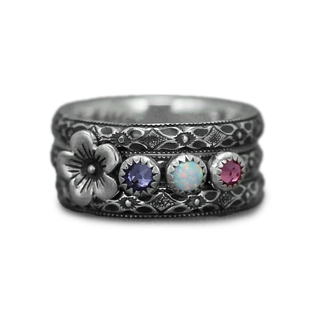 Multi Birthstone Floral Ring Set