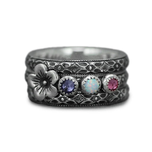 Multi Birthstone Floral Ring Set