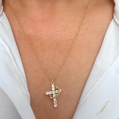 Paved Cross Rotated Crown Necklace