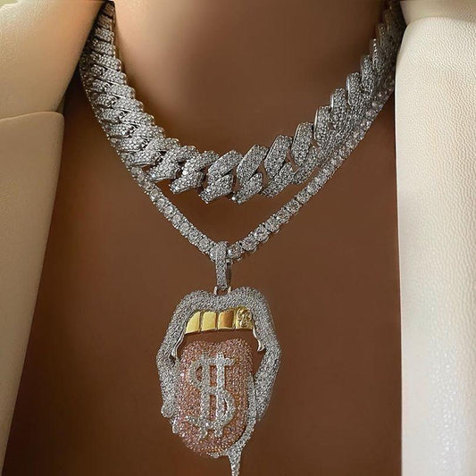Iced Out Bling CZ Cubic Zirconia Tongue Necklace