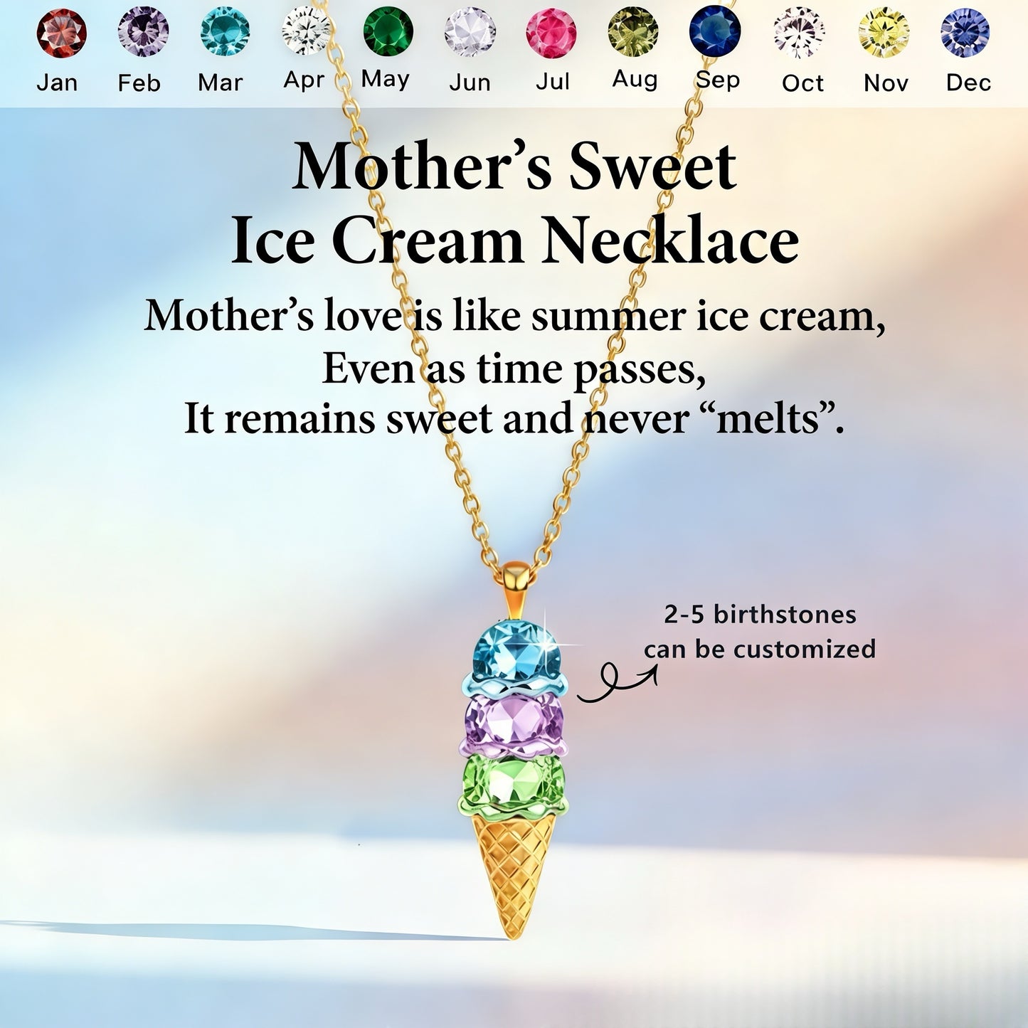 Mother And Daughter Sweet Ice Cream Custom Birthstones Necklace