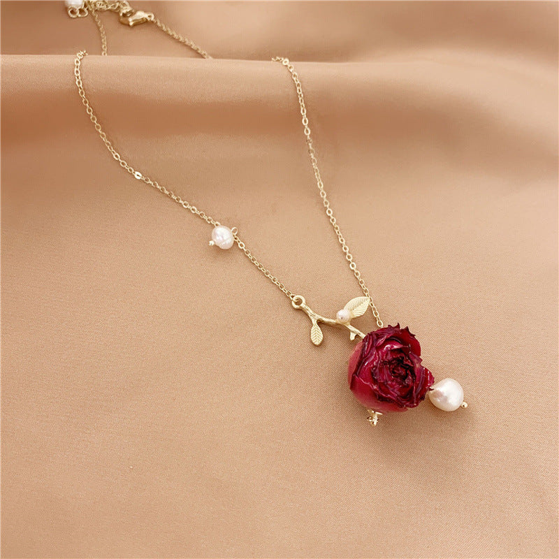 Branch Pearl Dried Rose Flower Bracelet Necklace