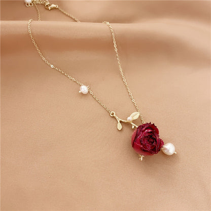 Branch Pearl Dried Rose Flower Bracelet Necklace