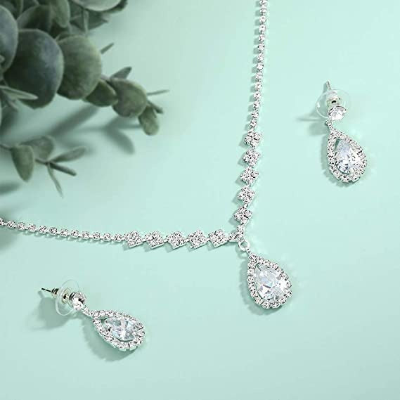 Crystal Wedding Water Drop Pendant Necklace and Earrings Set