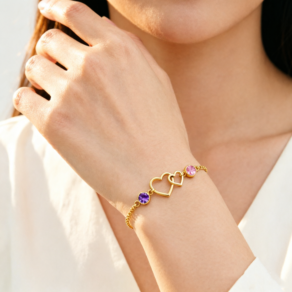 Mother&Daughter Connected By Heart Double Birthstones Bracelet