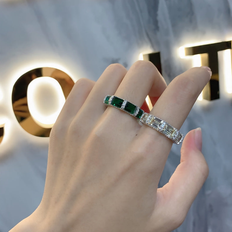 Vintage Emerald 925 Sterling Silver Eternity Band Ring