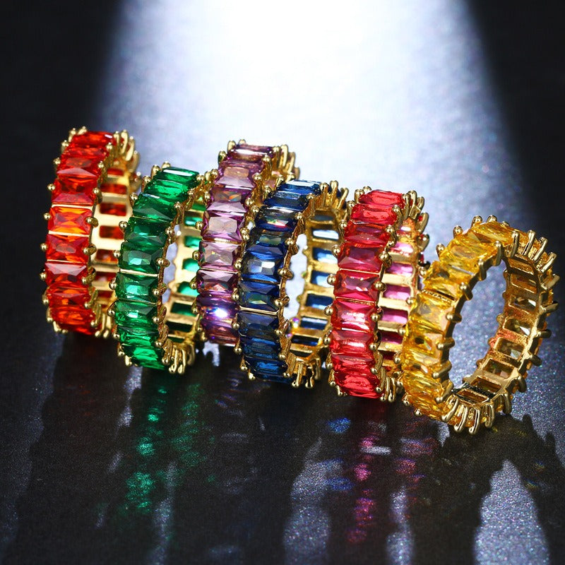 Square Cut Zircon Inlay Rainbow Ring