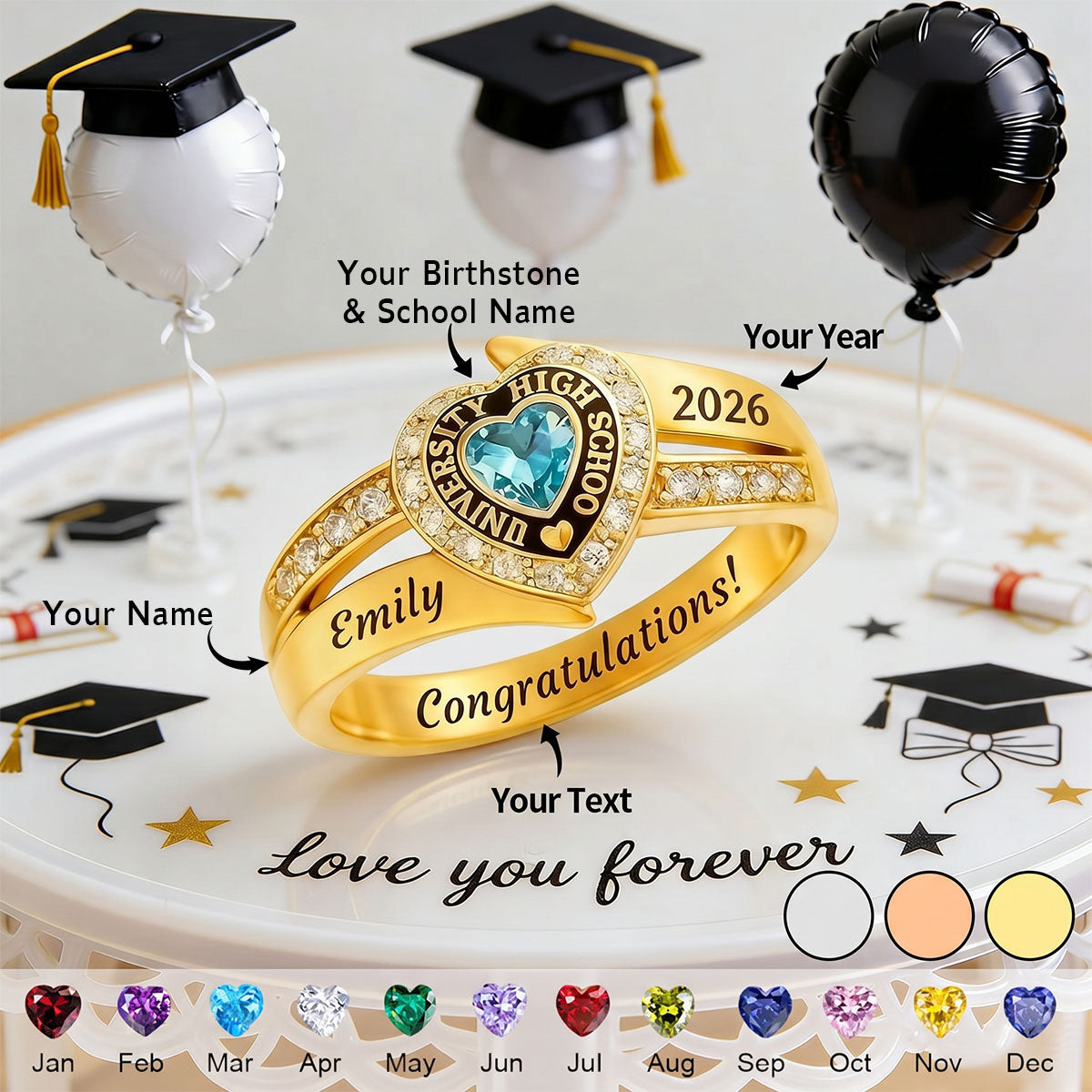 Personalized Engraved Birthstone Graduation Ring - Gifts for Graduates