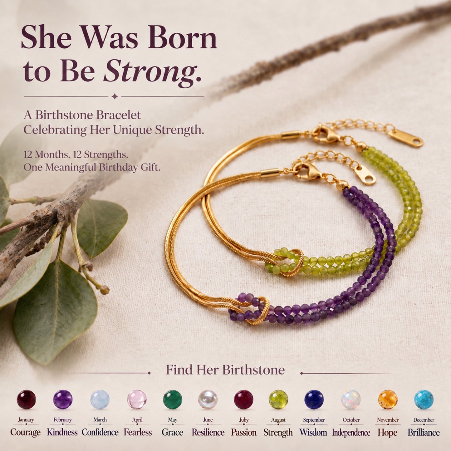 For Her – She Was Born to Be Strong Personalized Birthstone Beaded Knot Bracelet