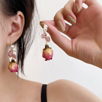 Pearl Dried Rose Flower Earrings