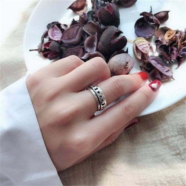 925 Sterling Silver Moon & Stars Spinning Anxiety Ring