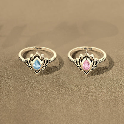 Personalized Name And Birthstone Lotus Ring