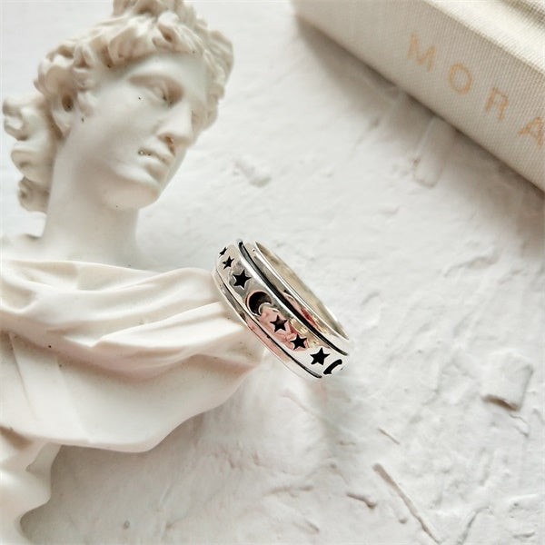 925 Sterling Silver Moon & Stars Spinning Anxiety Ring