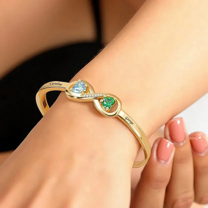 Personalized Infinity Double Heart Birthstones Cuff Bracelet with Engraved Name