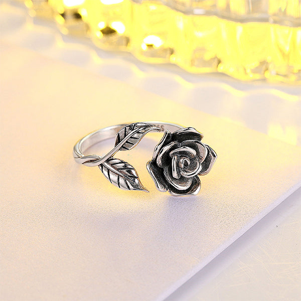S925 Sterling Silver Adjustable Wrap Open Rose Flower Ring