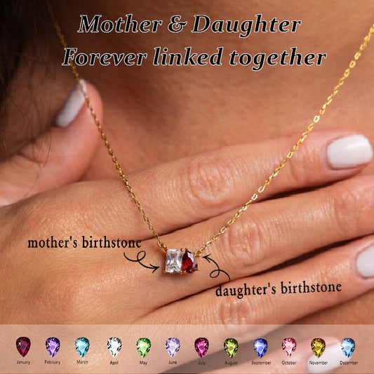 MOTHER AND DAUGHTER FOREVER LINKED TOGETHER CUSTOM BIRTHSTONES NECKLACE
