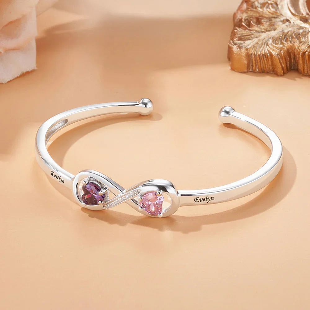 Personalized Infinity Double Heart Birthstones Cuff Bracelet with Engraved Name