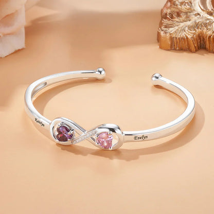 Personalized Infinity Double Heart Birthstones Cuff Bracelet with Engraved Name