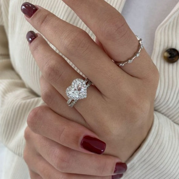 French-Set Heart Halo Moissanite Ring