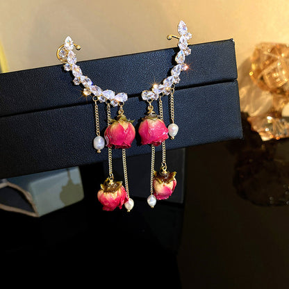 Rhinestone Pearl Dried Rose Flower Earrings