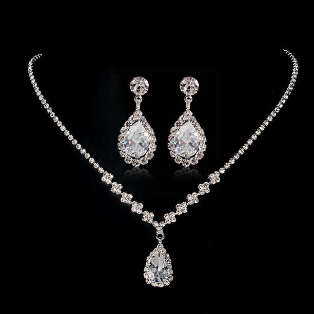 Crystal Wedding Water Drop Pendant Necklace and Earrings Set